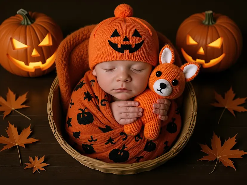 AI generated image of a baby in a halloween setting