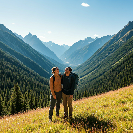 Two hikers looking over a vast mountain range.