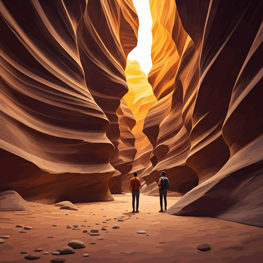 Two people standing at the entrance of a beautiful slot canyon.