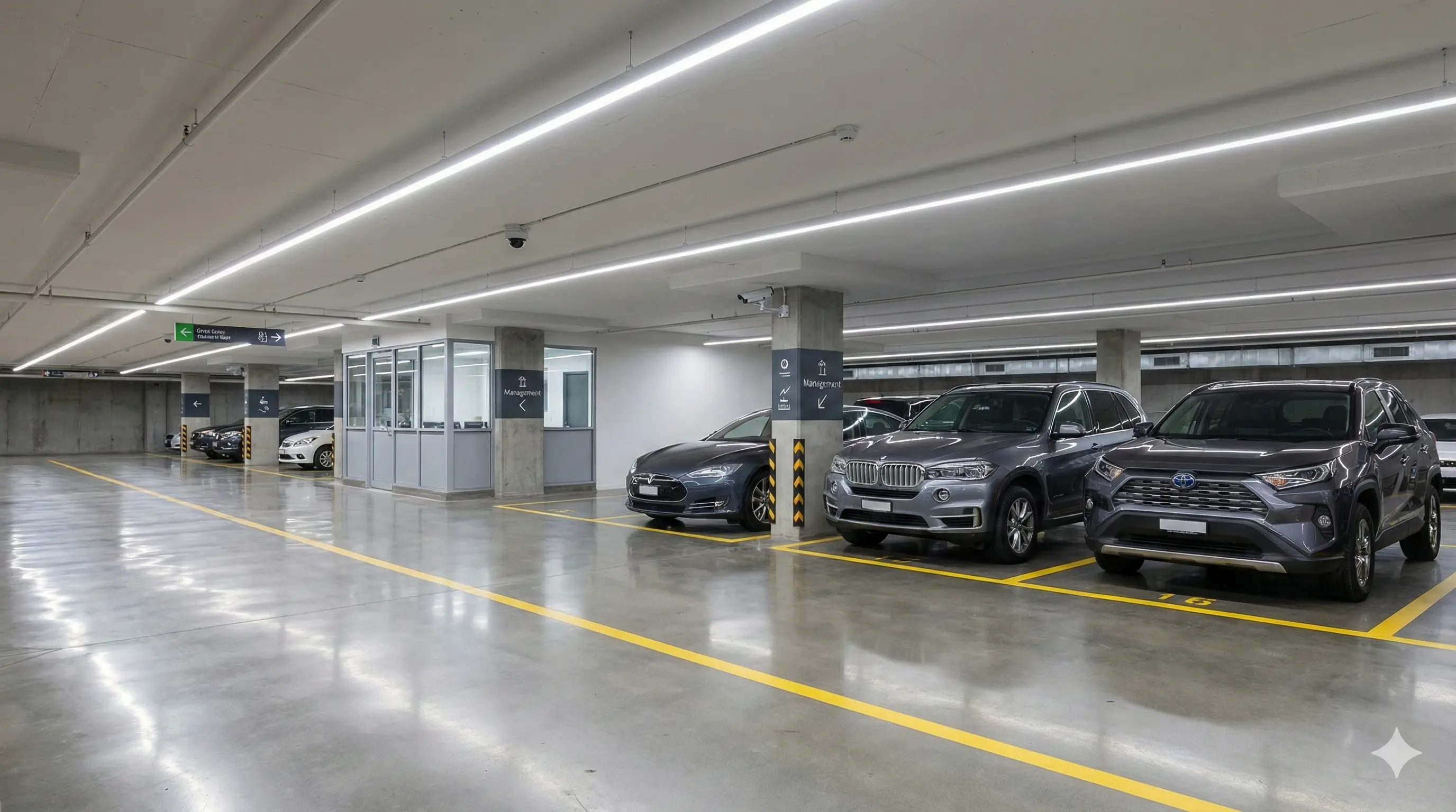 A clean and secure indoor parking facility where vehicles are stored.