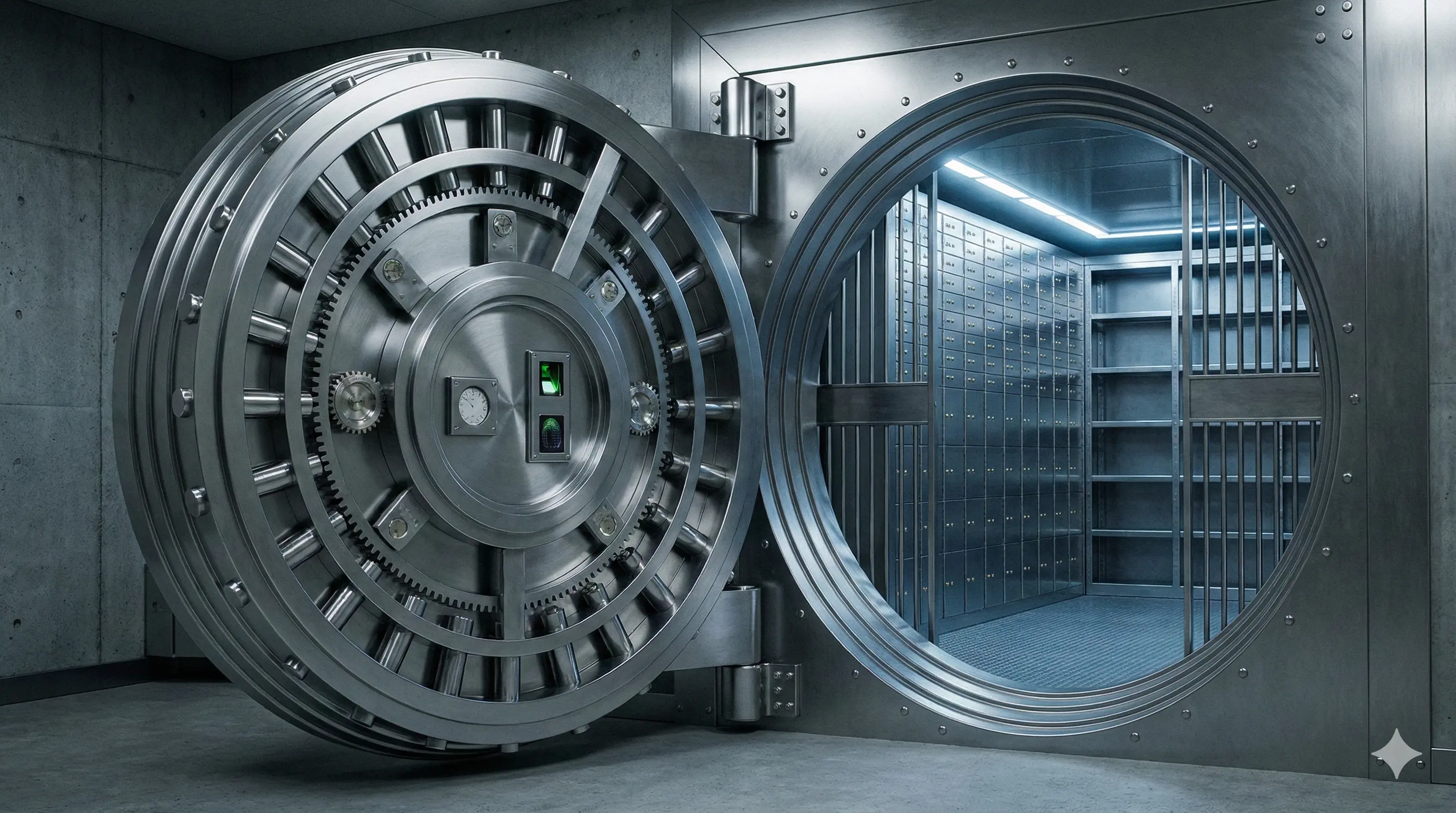 A secure bank vault door, symbolizing the safety of valuable collateral like gold and laptops.