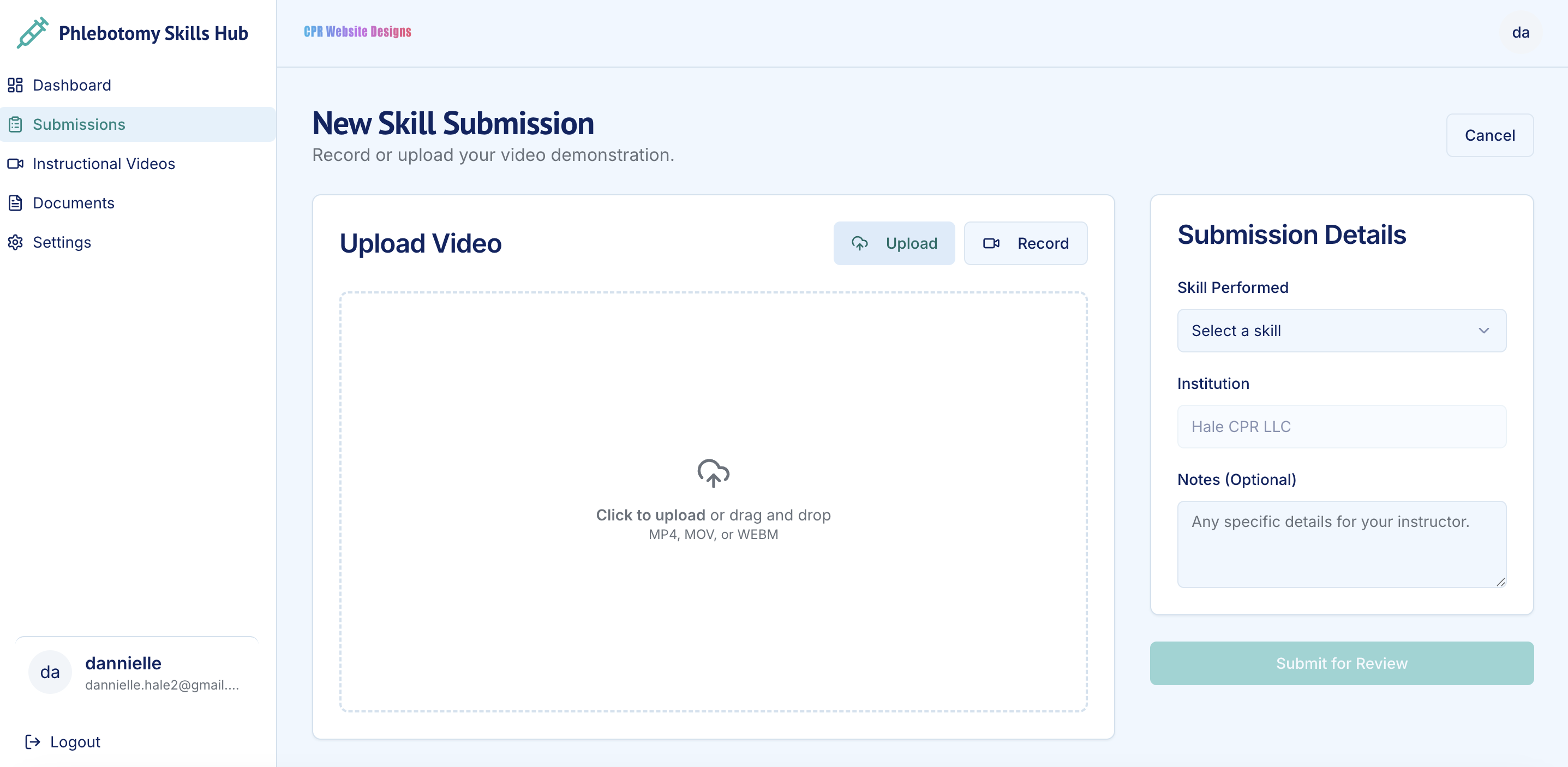 Dashboard view showing statistics and skill progress.