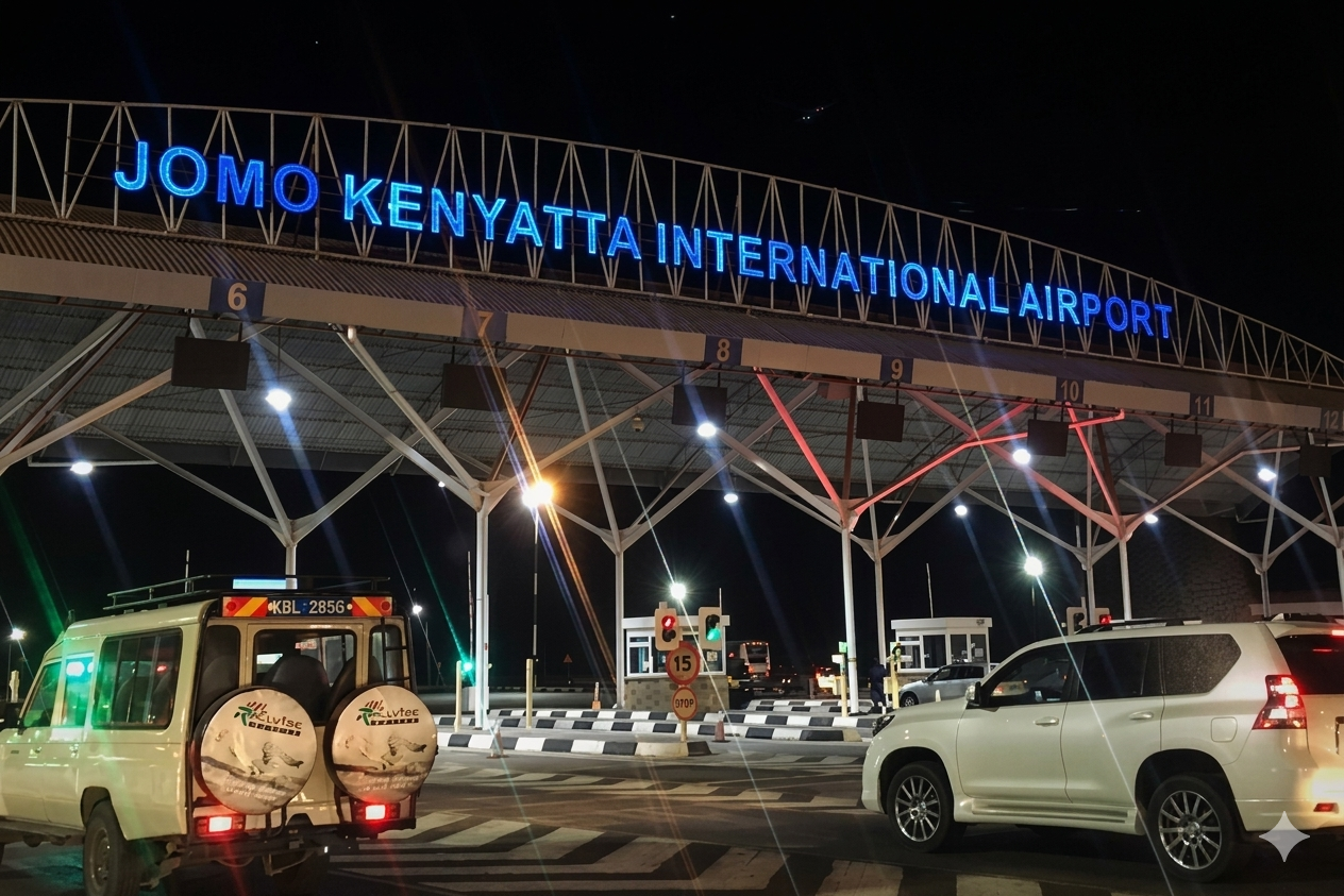 Arriving at Jomo Kenyatta International Airport at night—your starting point for a smooth overnight layover in Nairobi.