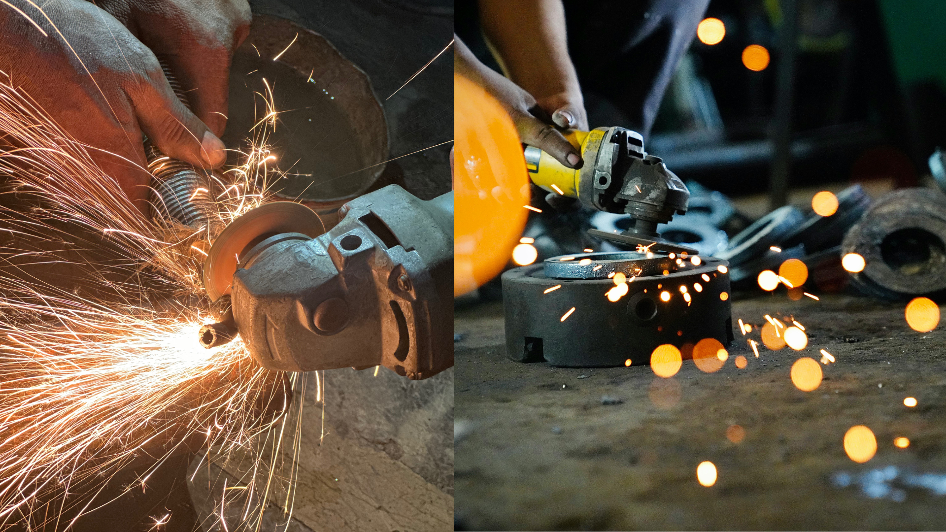 Worker using an abrasive wheel with sparks flying
