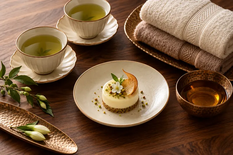 İki fincan çay, desert, dəsmallar və yağ