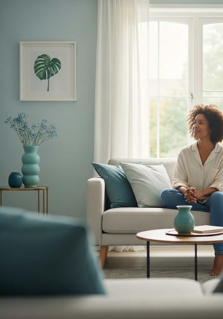 A calm, hopeful adult in a natural setting.