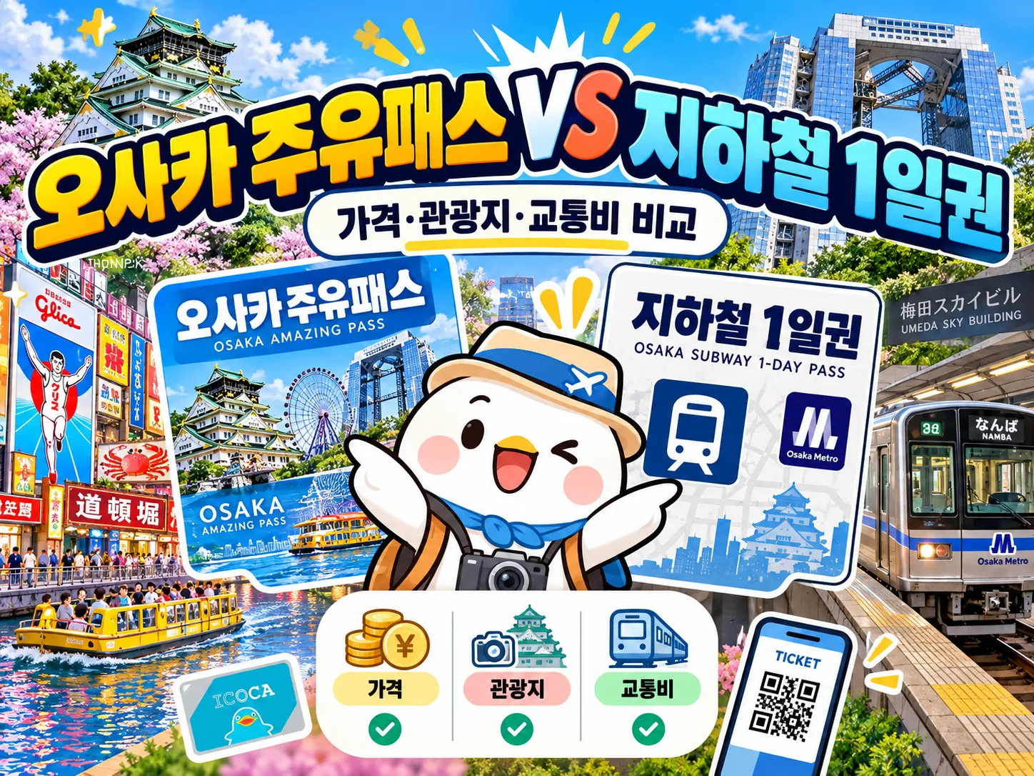 오사카 주유패스 vs 지하철 1일권 비교|가격·무료 관광지·교통비 절약 방법 대표 이미지