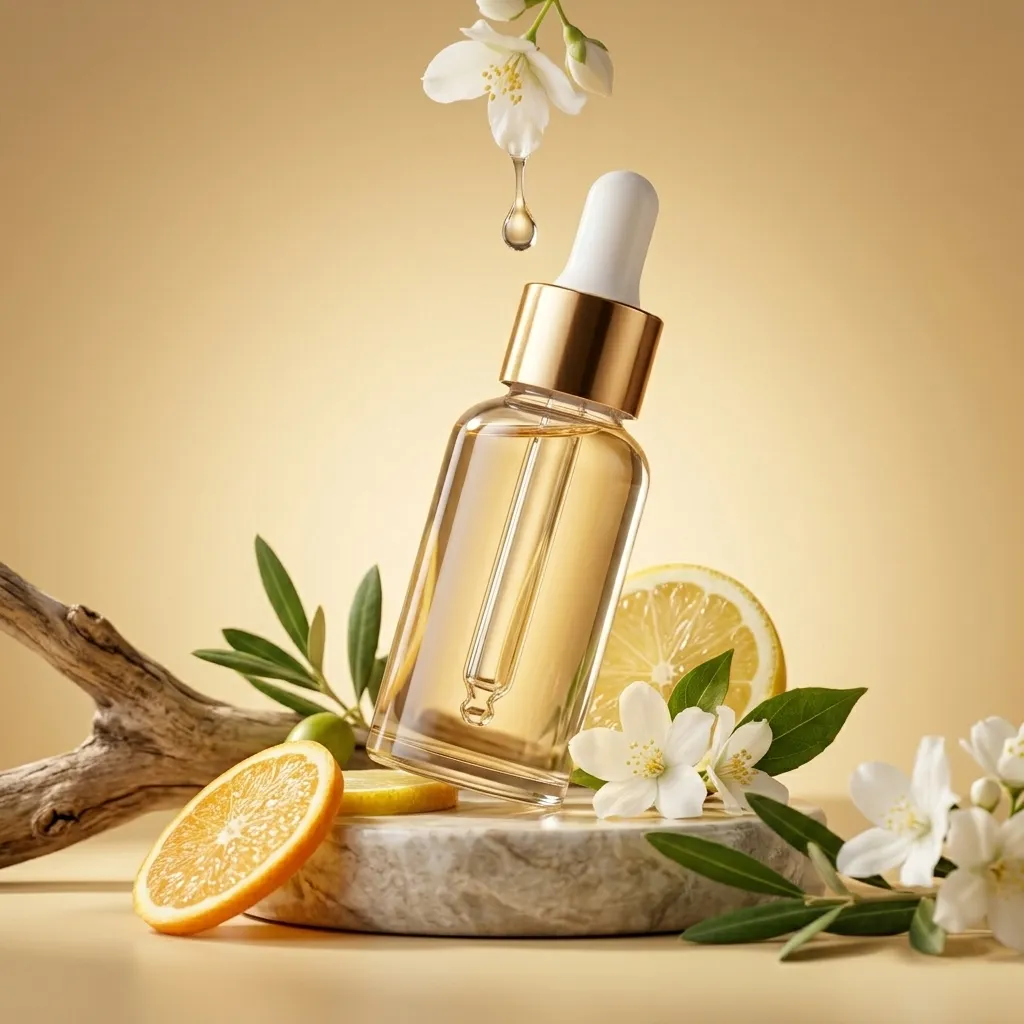 Luxury Vitamin C Serum Dropper Bottle Product Visual with Natural Elements