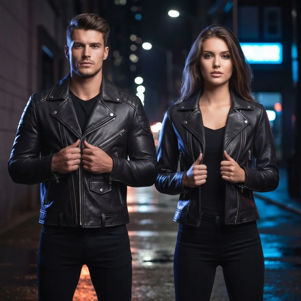Leather Jacket – Men & Women Night City Shoot