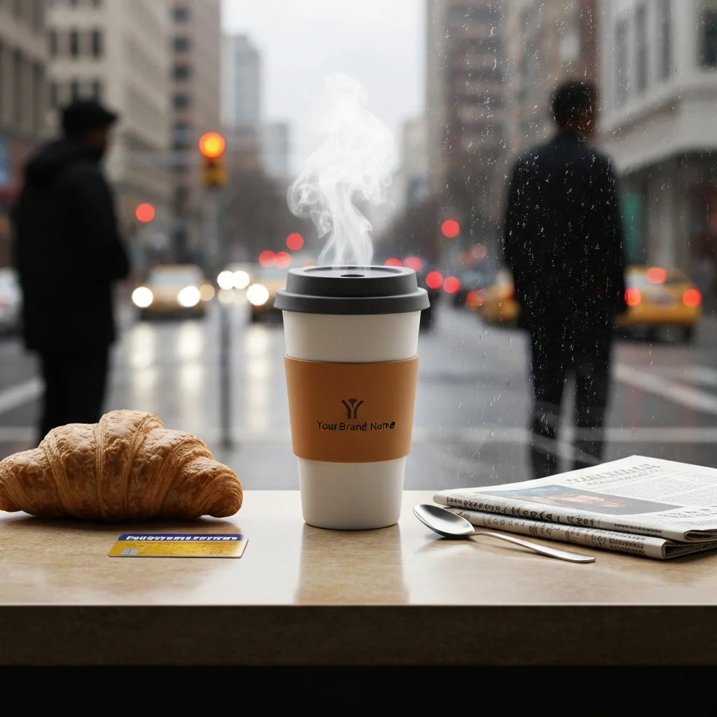 Reusable Coffee Cup – Urban Morning Commute Ad Scene