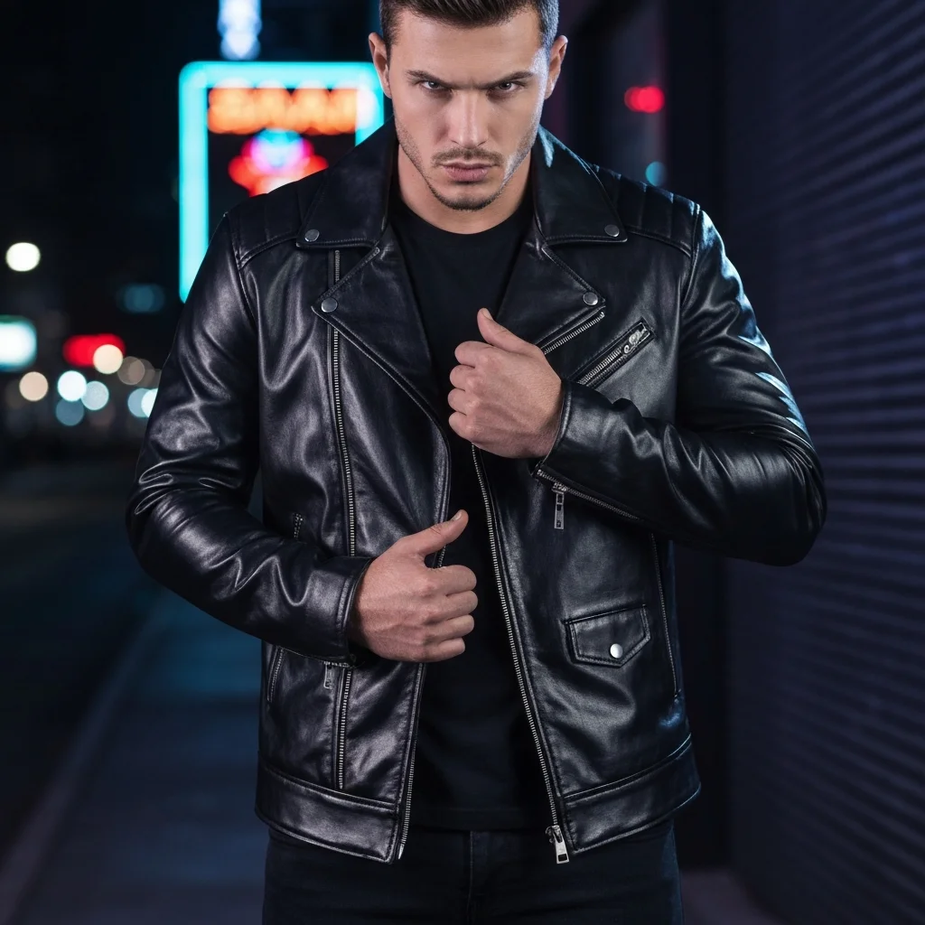Men Leather Jacket – Night City Model Shoot