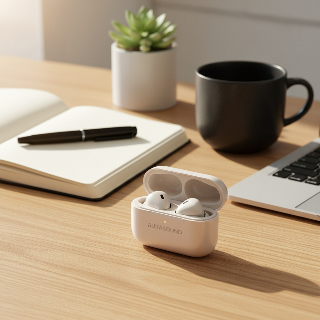 Premium Wireless Earbuds: Creative Workspace Scene