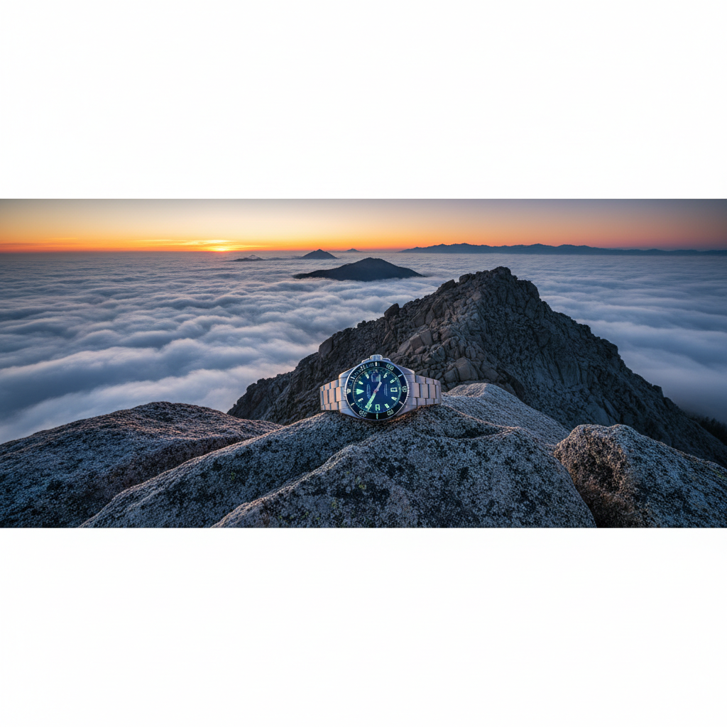 Luxury Watch – Mountain Summit Above Clouds Adventure Scene