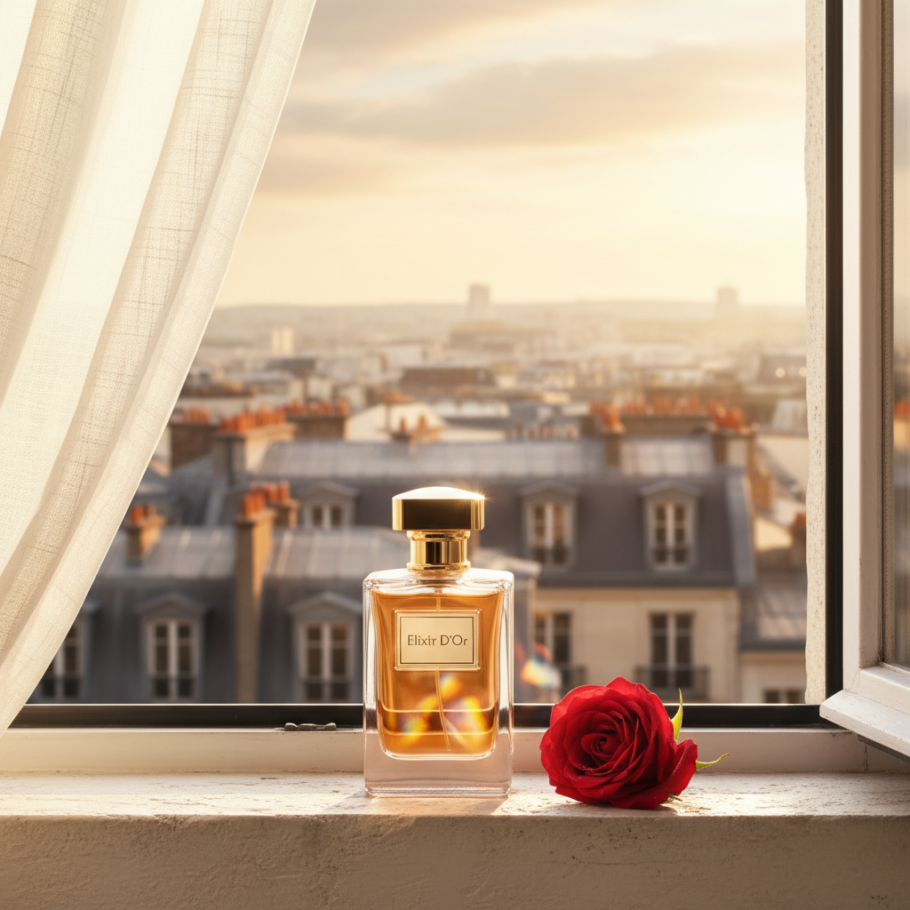Luxury Perfume – Parisian Windowsill Golden Hour Scene