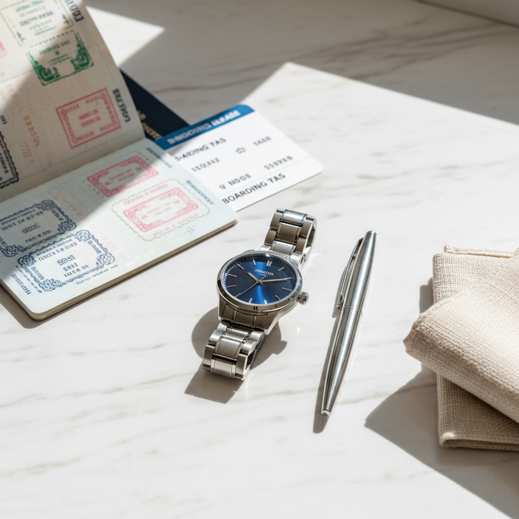 AI Generated preview for Luxury Travel Essentials: Aspirational Watch & Desk Scene - Lifestyle Product Scenes