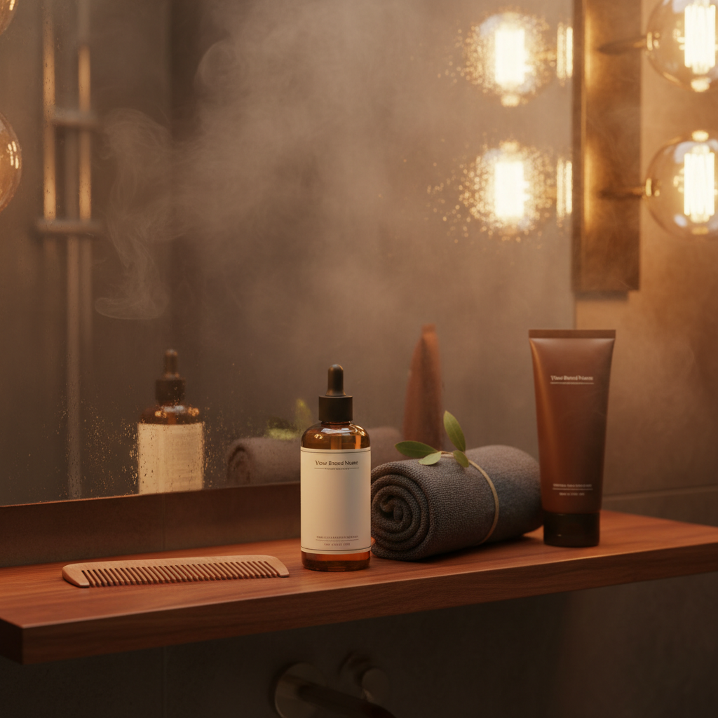 AI Generated preview for Elevated Hair Serum: Warm Bathroom Lifestyle Scene - Lifestyle Product Scenes