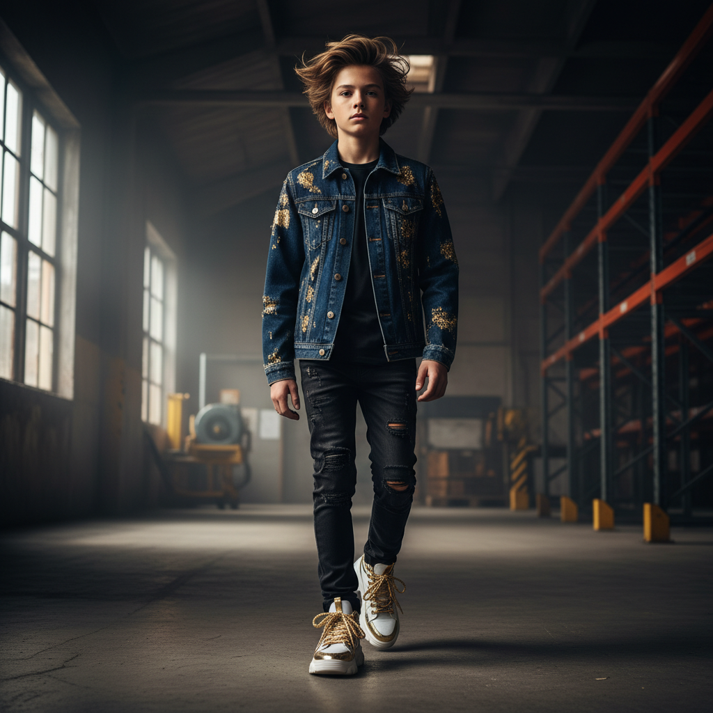 UrbanFox Junior: Dynamic Teen Denim in Industrial Setting