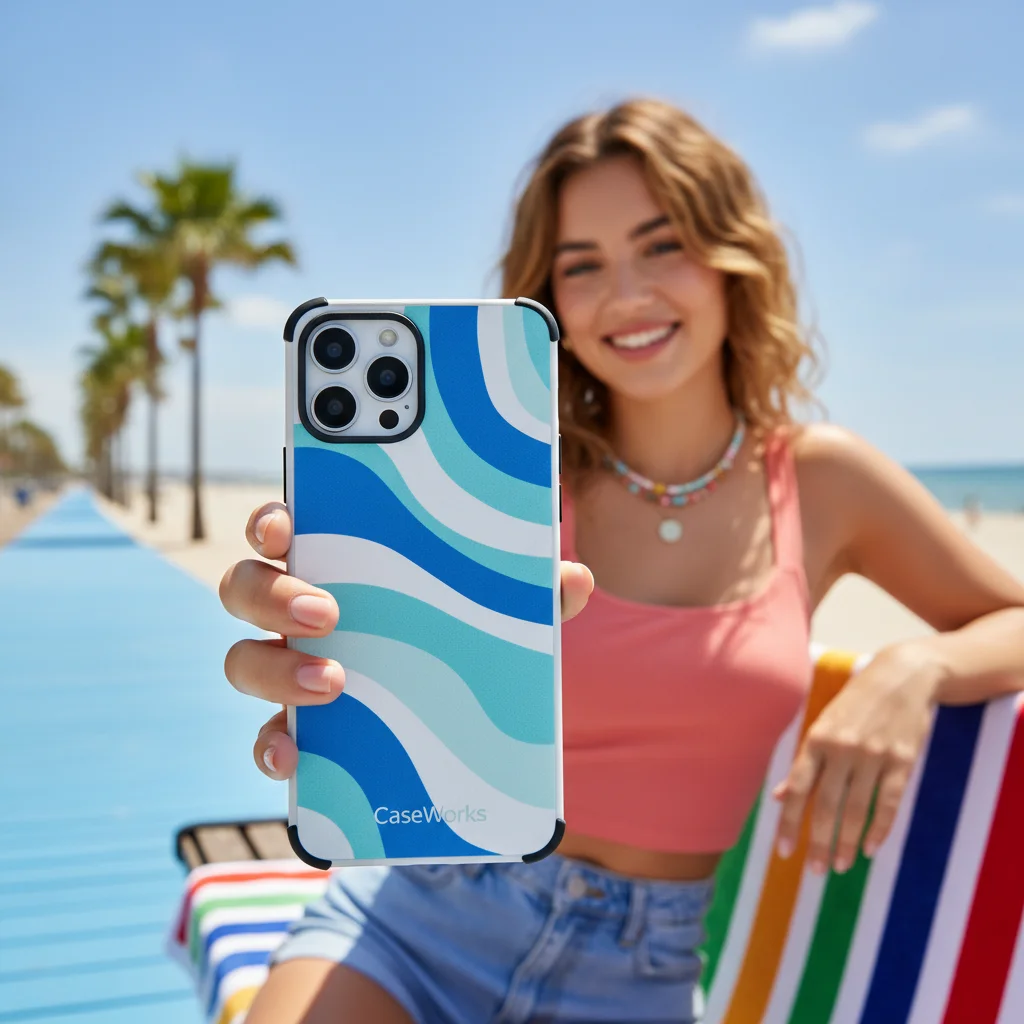 Gen-Z Beach Selfie: High-Resolution Phone Case Ad