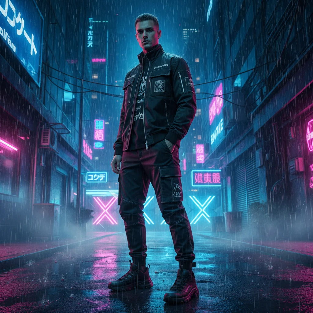 AI Generated preview for Luxury Cyberpunk Menswear Campaign: Hyper-Realistic Streetwear Editorial - Model Product Shoots