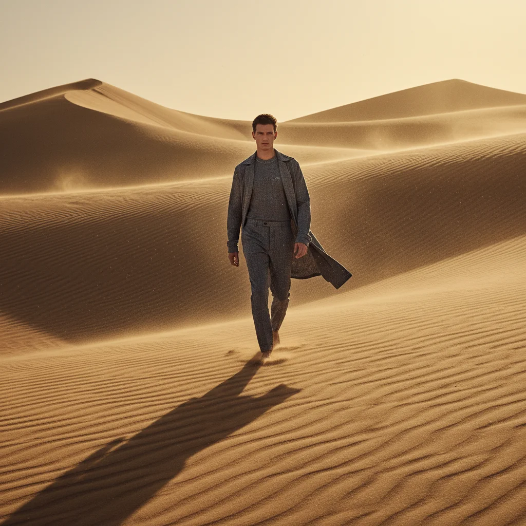 AI Generated preview for Cinematic Desert Luxury Menswear Campaign - Model Product Shoots