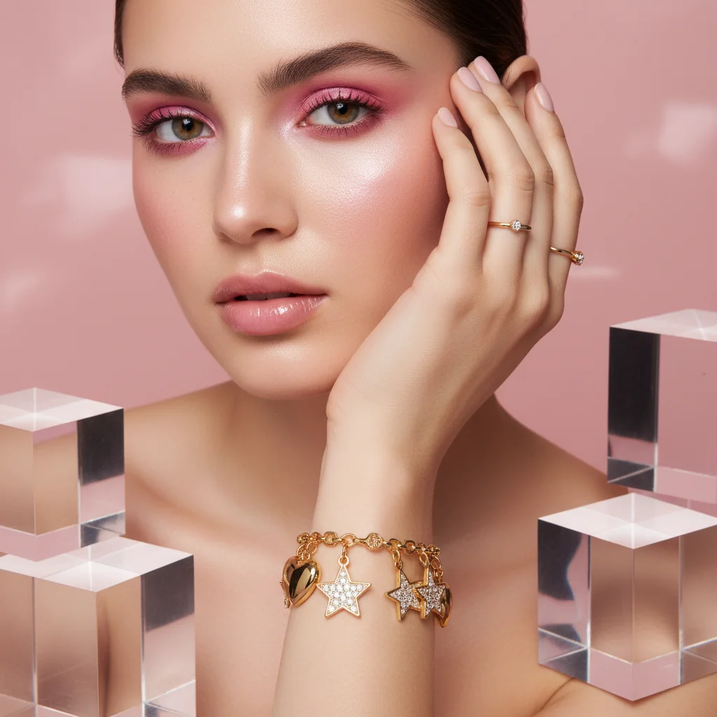 AI Generated preview for Vibrant Pink Stardust: Luxury Charm Bracelet Hero Campaign for Gen Z Brands - Product Hero Visuals