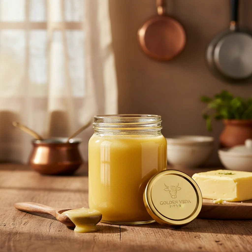 Ultra-Realistic Desi Ghee Product Hero Visual: Rustic Farmhouse Elegance & Natural Light for Premium FMCG Brands