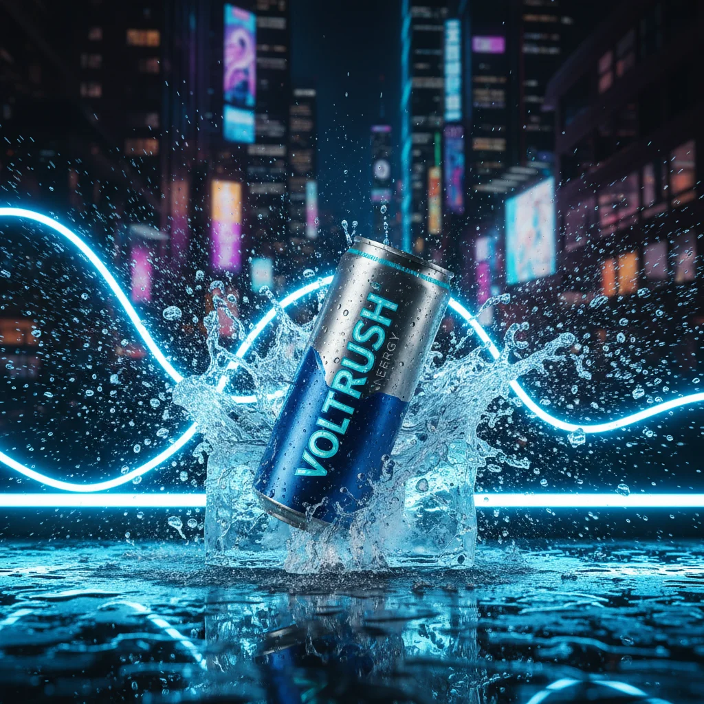 Premium Metallic Energy Drink Can: Dynamic Ice Splash Hero Visual