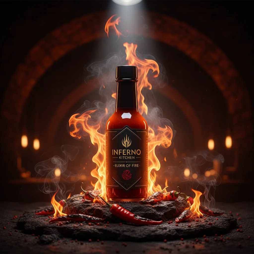 Inferno Kitchen Fiery Hot Sauce: Ultra-Realistic Cinematic Hero Product Visual