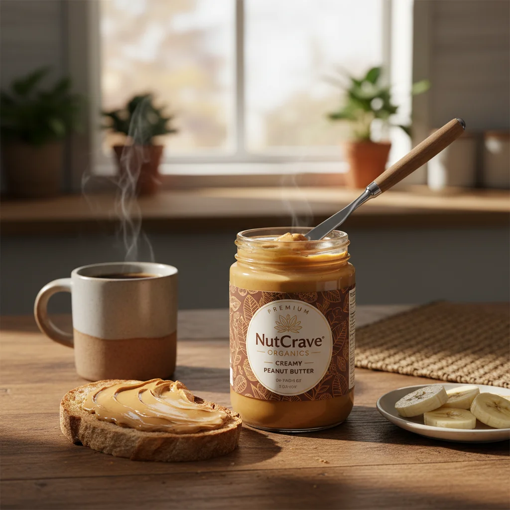 Premium Organic Peanut Butter Jar Hero Visual: Delicious Morning Spread for E-commerce & Brand Campaigns