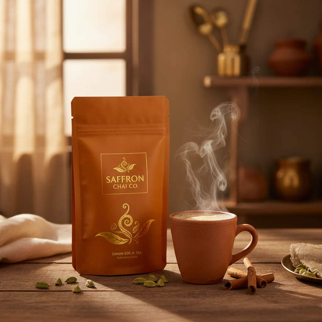 Luxury Chai Pouch Morning Ritual: Premium FMCG Product Hero Visual