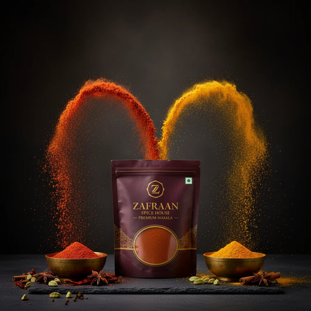 Captivating Fire Blend Spice Visual: Dynamic Product Hero for Zafraan House