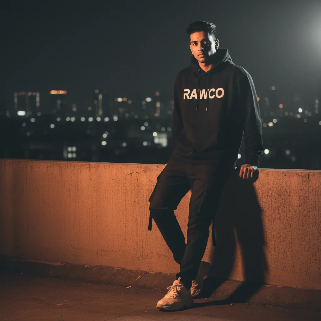 Hyperrealistic Urban Streetwear Editorial: Oversized Hoodie in Mumbai Nightscape