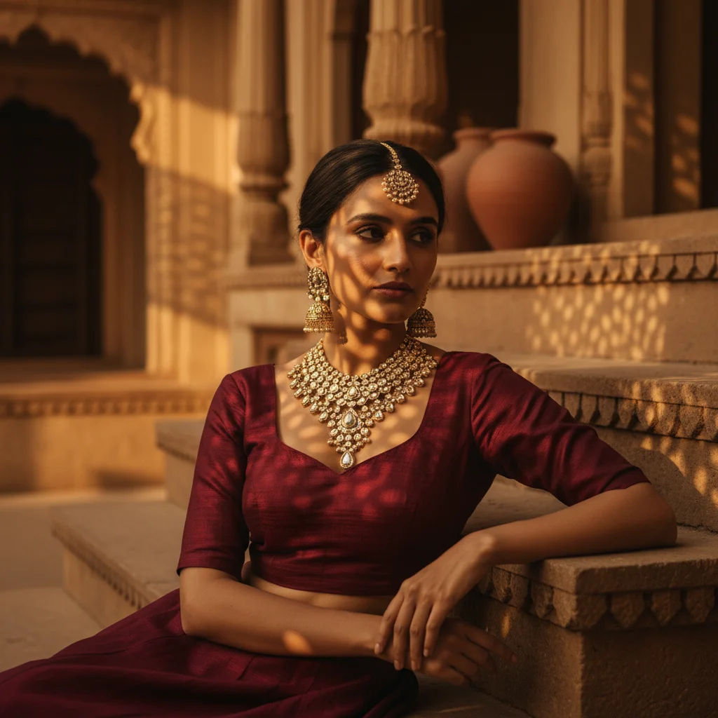 AI Generated preview for Vogue India Style: Majestic Bridal Kundan Set in Golden Hour Haveli - Model Product Shoots