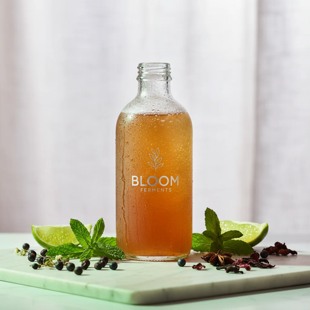 AI Generated preview for Premium Frosted Kombucha Bottle Hero Visual with Botanical Accents - Product Hero Visuals