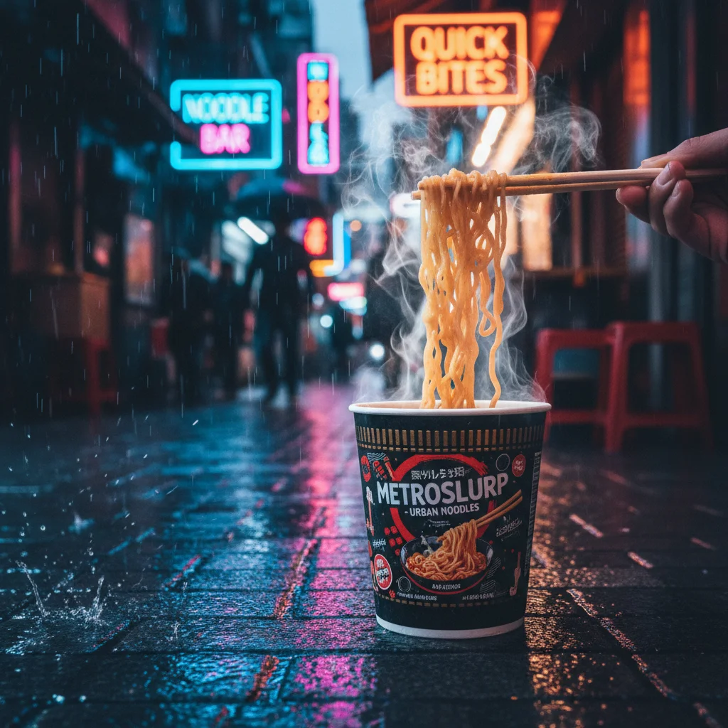 AI Generated preview for Captivating Premium Instant Noodle Cup: Urban Neon Alley Food Visual - Product Hero Visuals