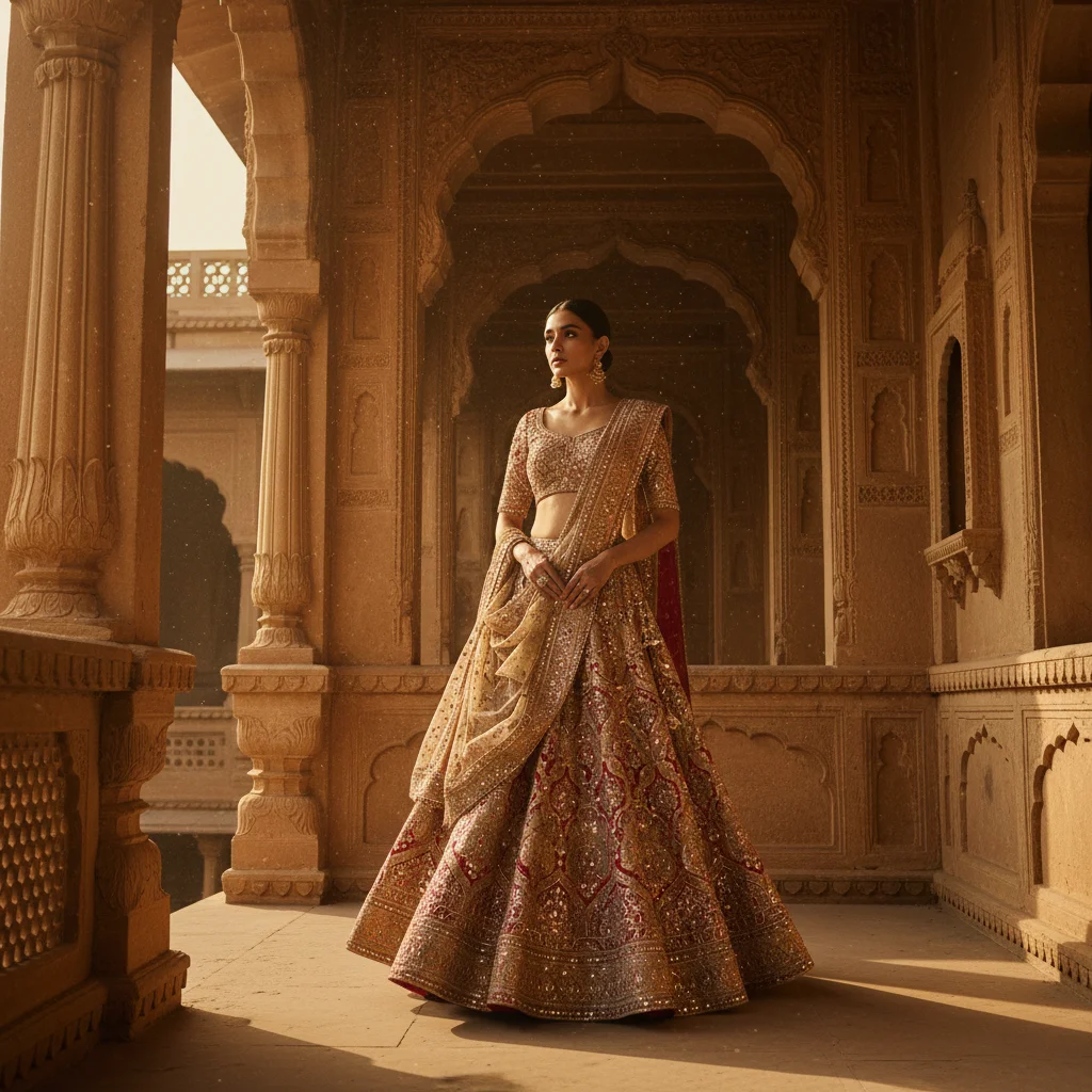 AI Generated preview for Luxury Indian Ethnic Wear: Golden Hour Editorial in Haveli Courtyard - Brand World