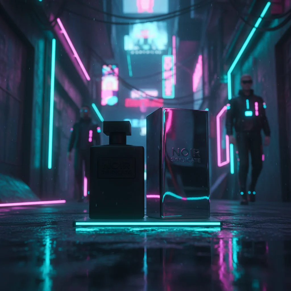 AI Generated preview for Cinematic Cyberpunk Luxury Fragrance Packaging in Neon Rain - Packaging Brand Systems