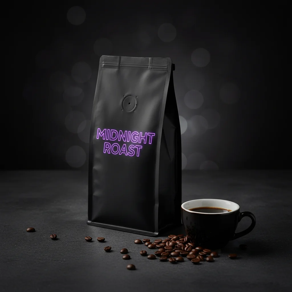 AI Generated preview for Premium Midnight Roast Coffee – Luxe Noir Packaging Display - Packaging Brand Systems