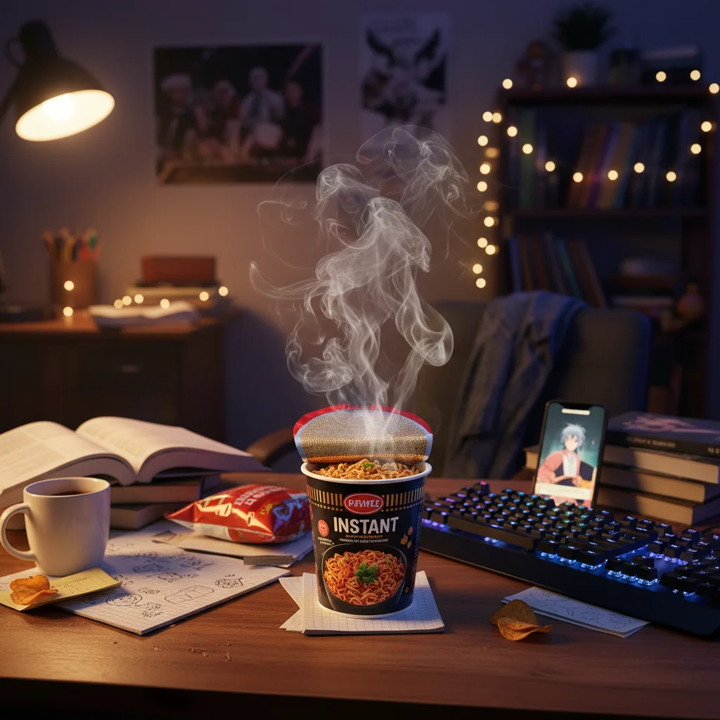 Authentic Gen-Z Hostel Comfort Food: Cinematic Instant Noodle Campaign Visual