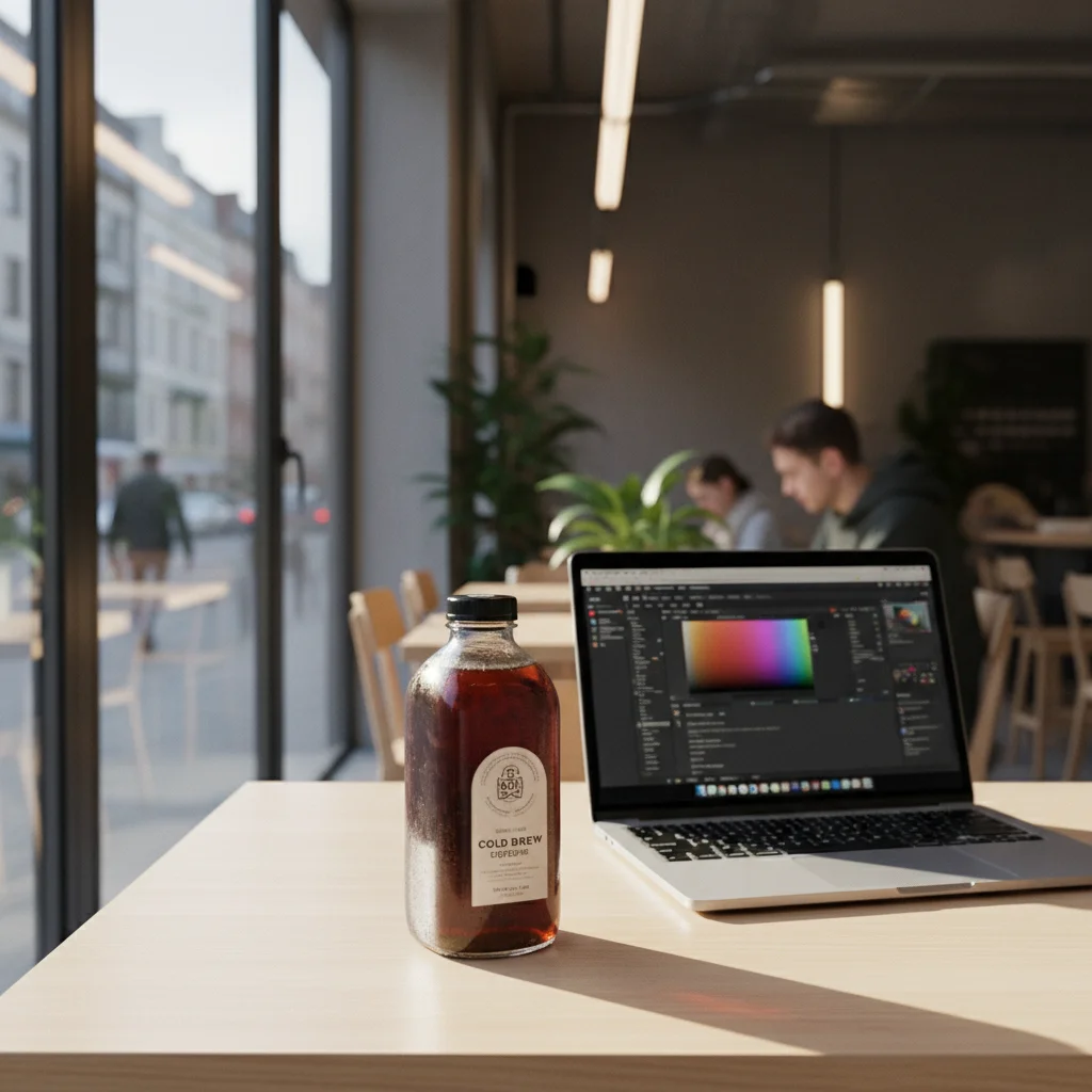AI Generated preview for Premium Cold Brew Bottle in Modern Co-working Cafe: Gen-Z Creator Lifestyle Editorial - Lifestyle Product Scenes