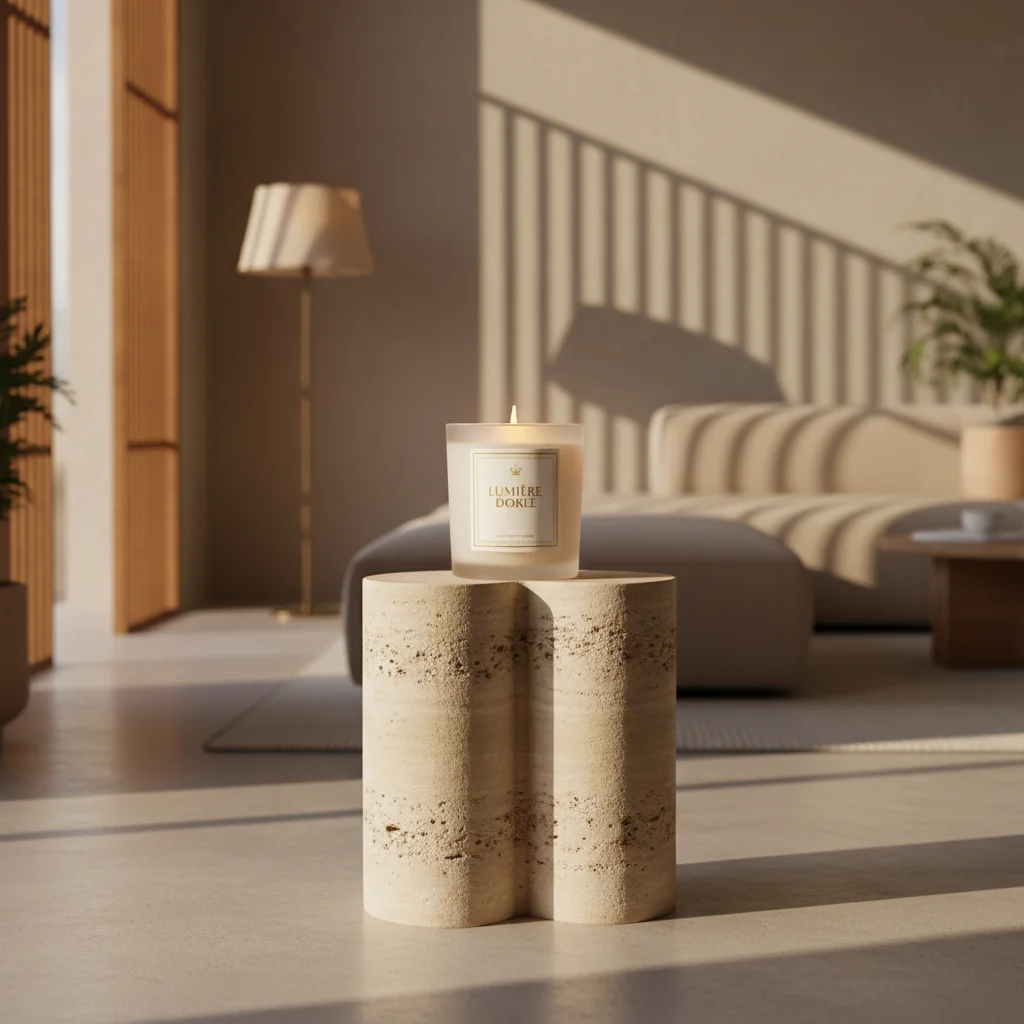 Exquisite Luxury Candle on Travertine Pedestal: Japandi Interior Product Photography
