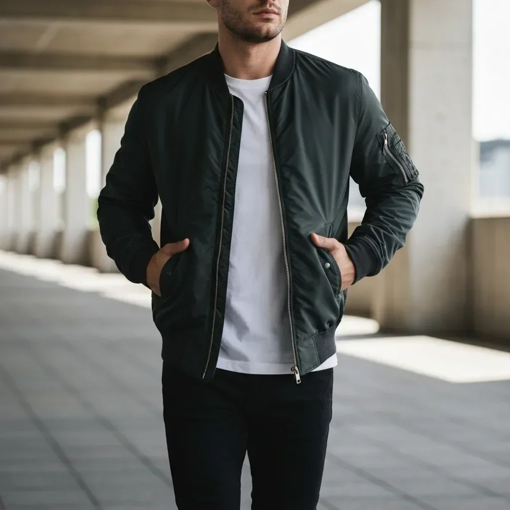 Hyper-Realistic Men's Bomber Jacket E-commerce Campaign
