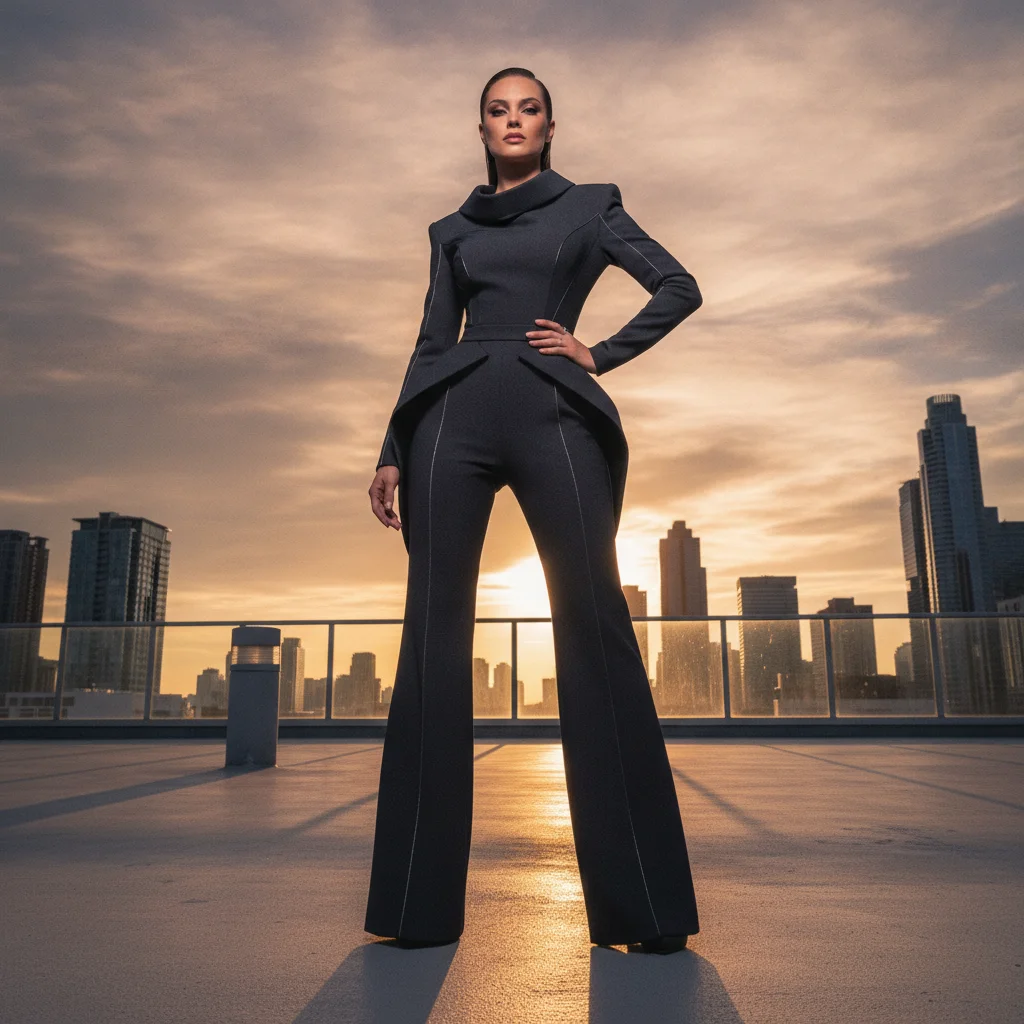 Luxury Monochrome Jumpsuit: Confident Urban Rooftop Editorial
