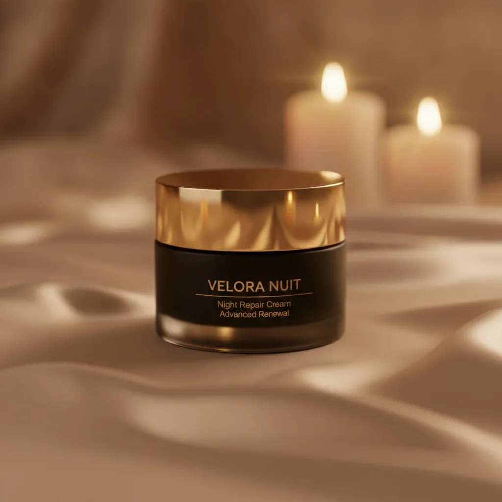 Luxury Skincare Ad: Velora Nuit Cream on Golden Silk
