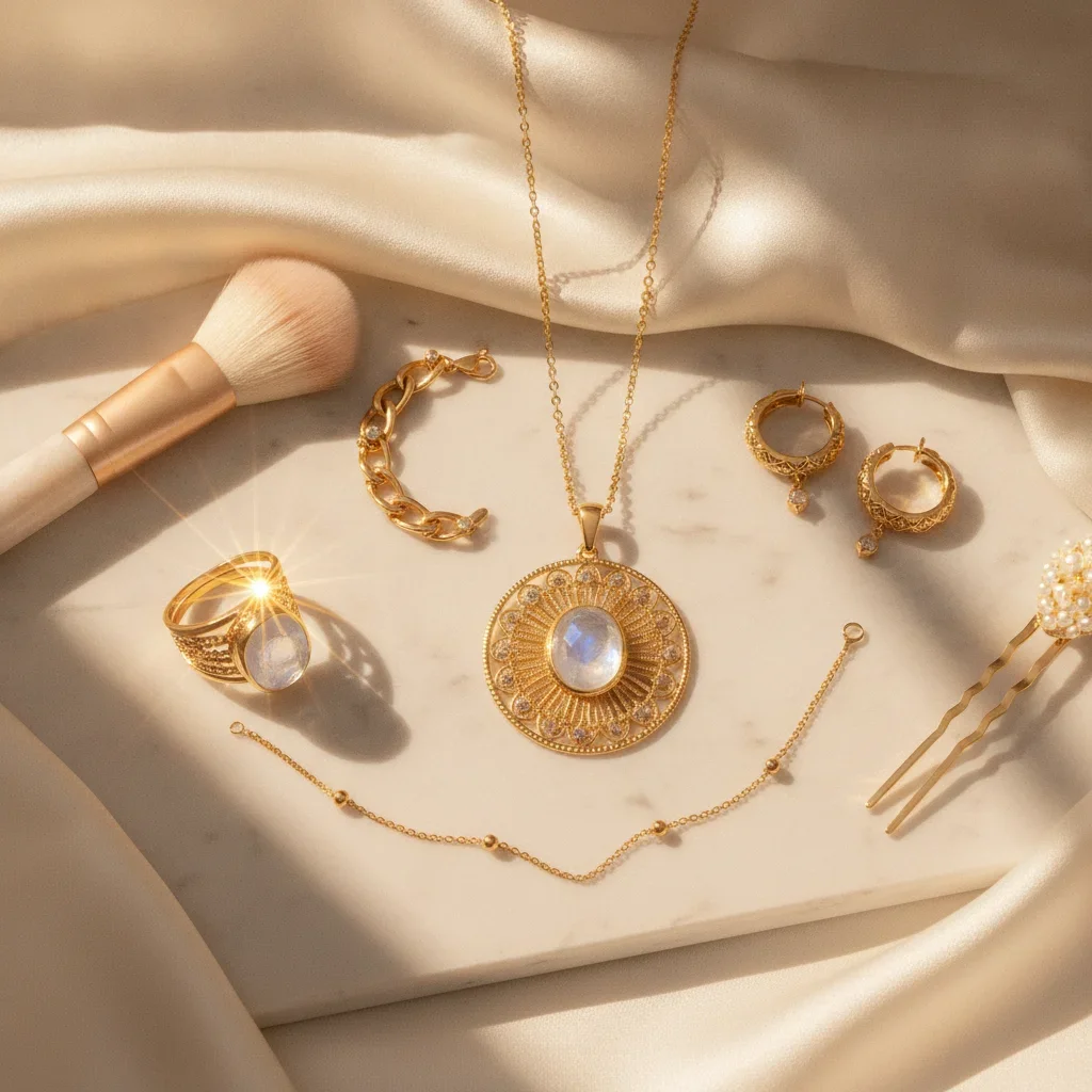 Luxurious Gold Jewelry Flat Lay on Silk