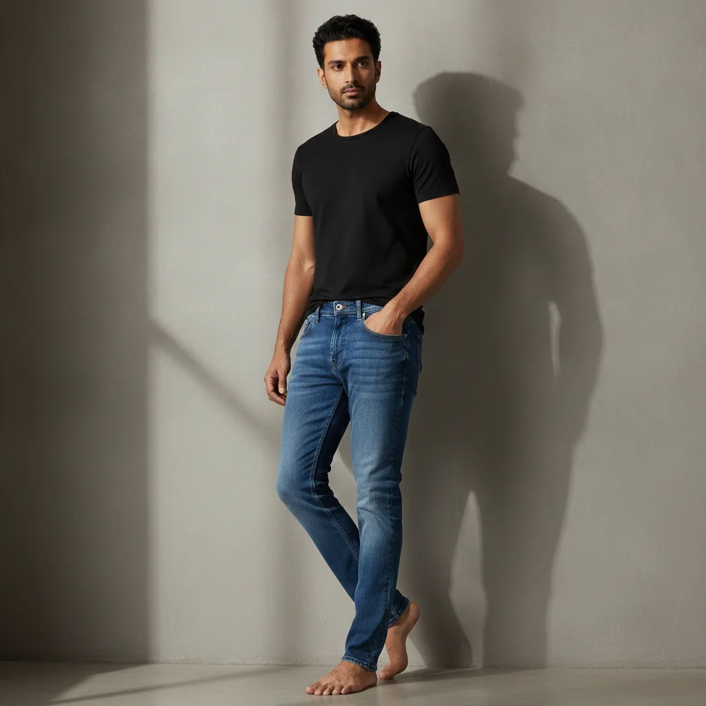 Premium Men's Denim Campaign: Urban Studio Leaning Pose