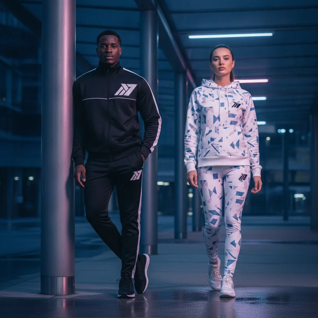 Futuristic Neon Night: Dynamic Duo Fashion Campaign