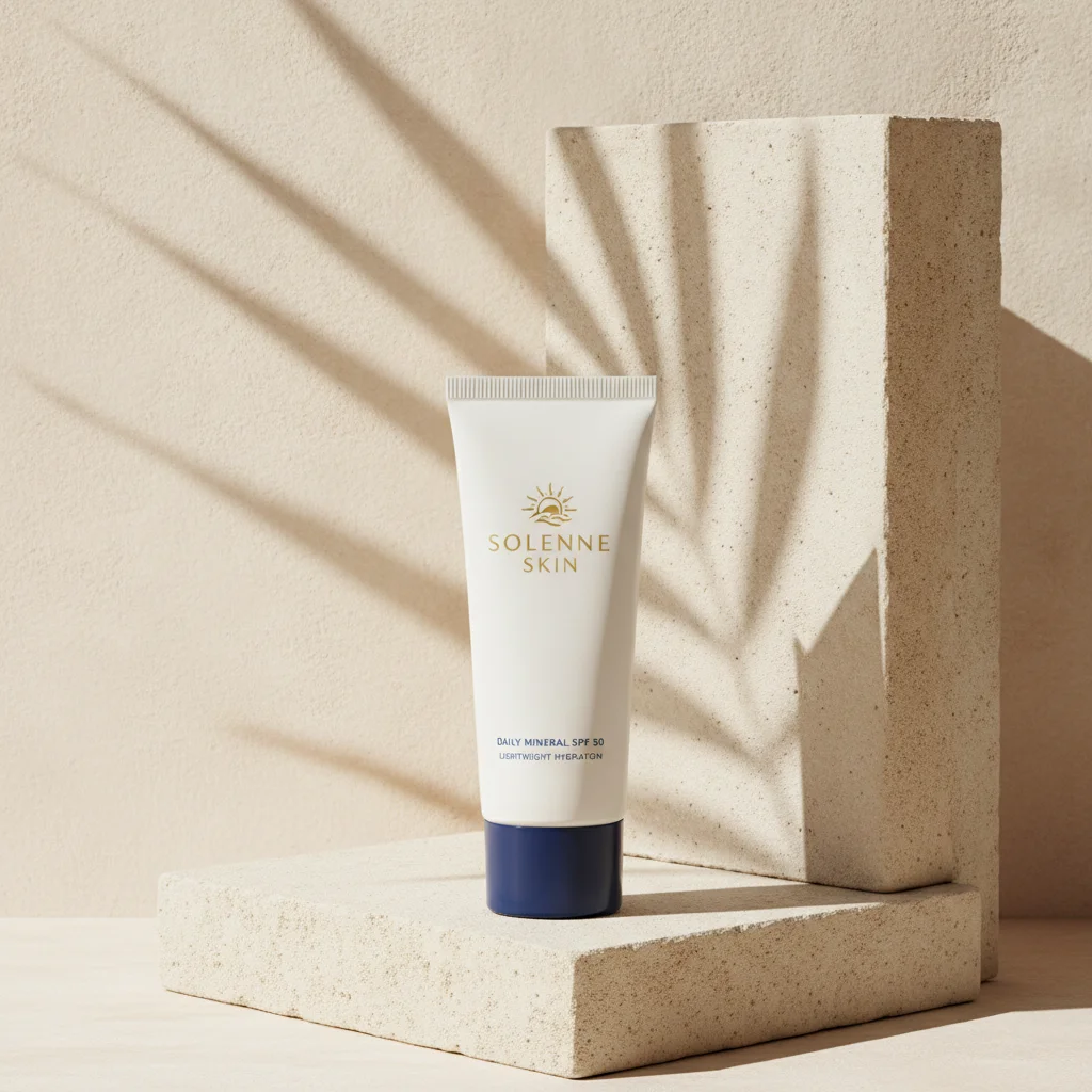 Premium Skincare Hero Visual: Sunscreen with Architectural Depth & Organic Shadows