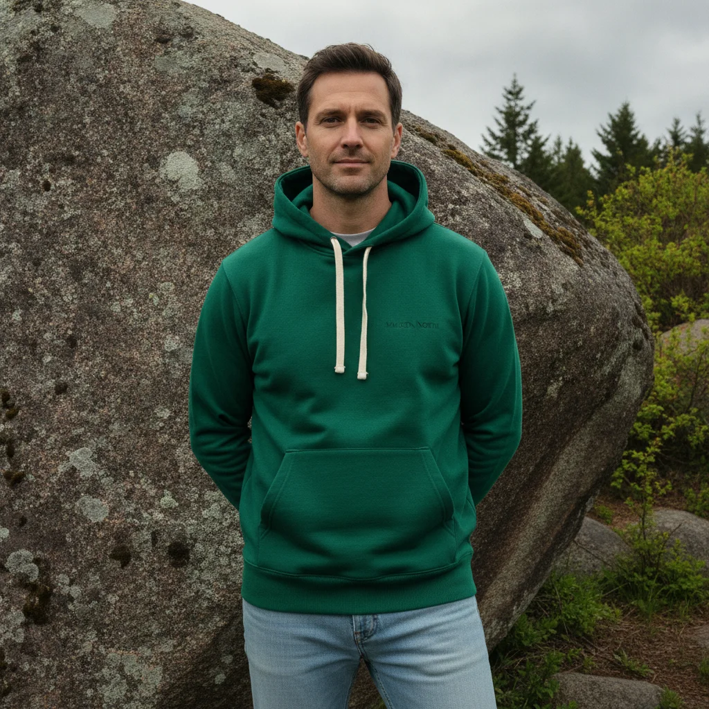 Premium Emerald Hoodie: Realistic Menswear Outdoor Editorial