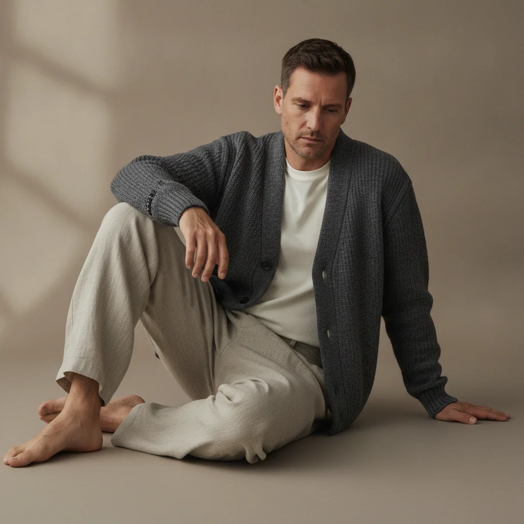 Premium Menswear Knit Cardigan: Relaxed Studio Editorial